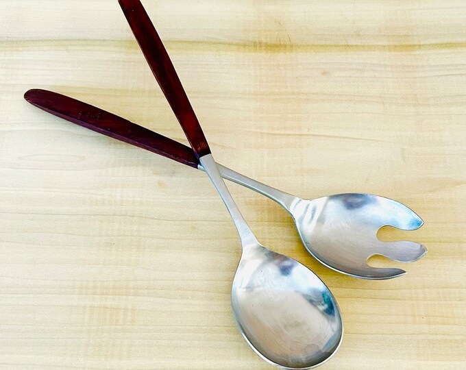 Vintage Danish Modern Salad Servers // Teak Wood Handled Stainless