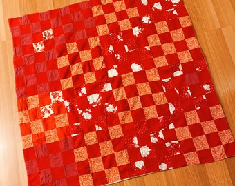 Mod vintage 70s patchwork quilt - handmade red, black and white floral flower power squares blanket