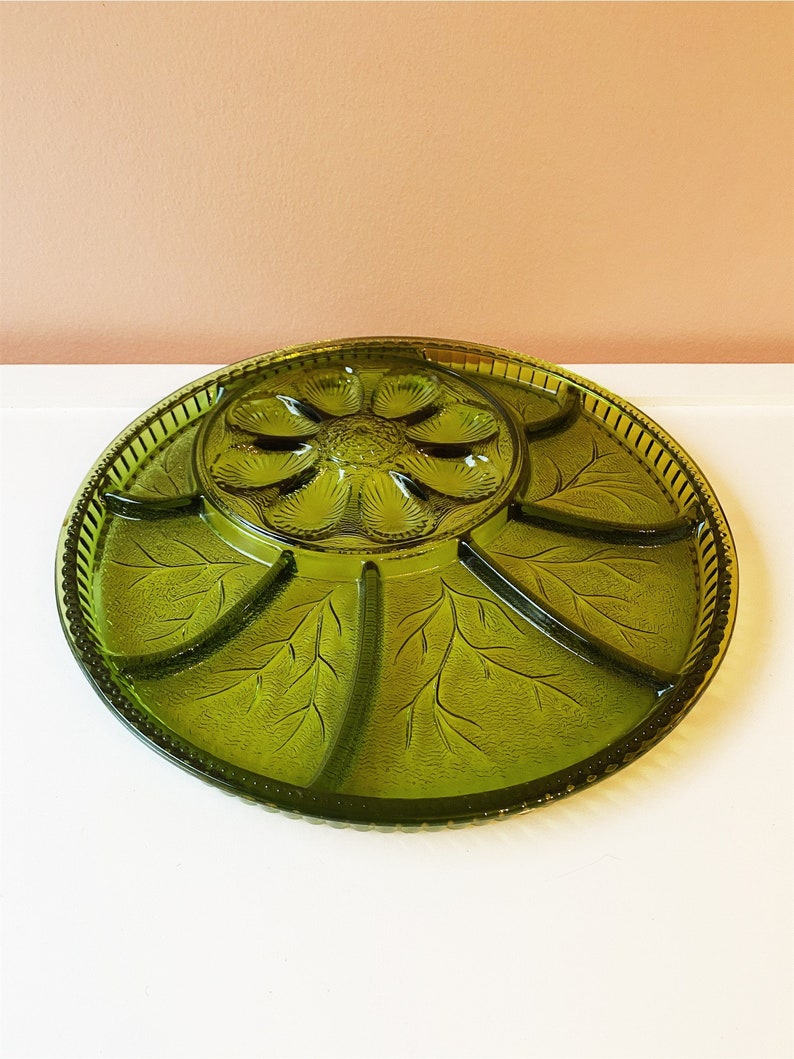 Vintage Green Glass Deviled Egg Plate and Relish Tray // 1970s Etsy