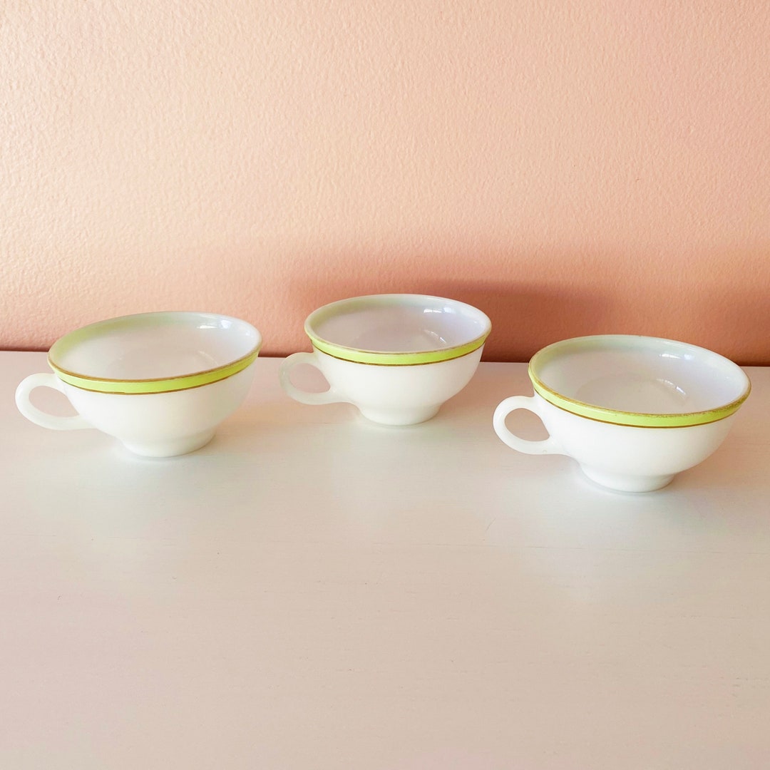 Vintage Green and Gold Stripe Pyrex Teacups // Set of Three Midcentury White Milk Glass Coffee