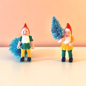 Vintage Christmas garden gnomes // holiday terrarium decoration // plastic Xmas dwarf // elf toy figurine