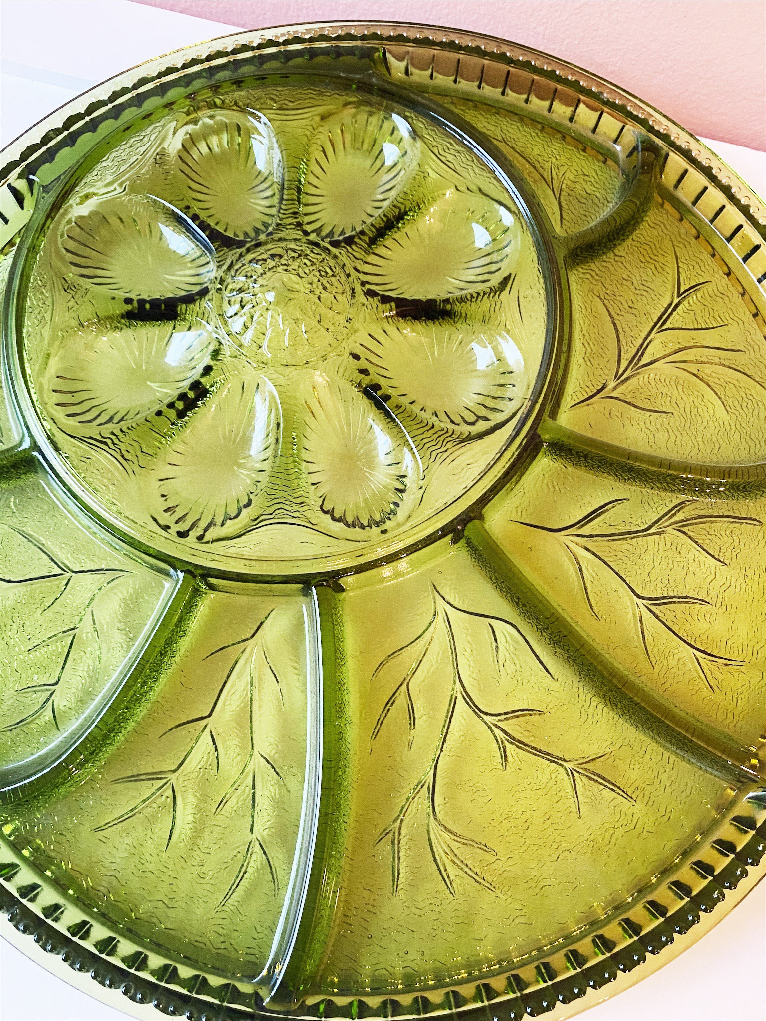 Vintage green glass deviled egg plate and relish tray // 1970s Etsy