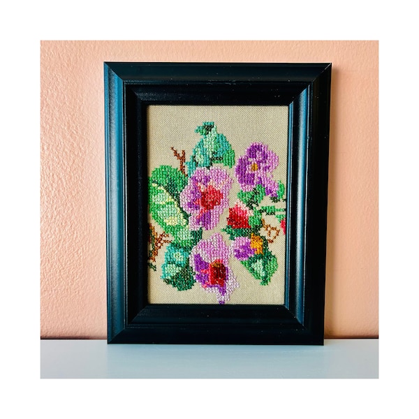 Vintage needlepoint embroidery flowers wall hanging // handmade floral framed embroidered crewel cross stitch art