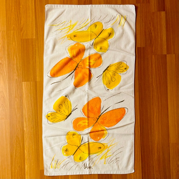 Vintage 60s Vera butterfly bath towel // Retro mid-century yellow and orange Vera Neumann towel