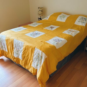 Hand-embroidered floral &quot;Months of the Year&quot; full size comforter // vintage mid-century blanket bedspread