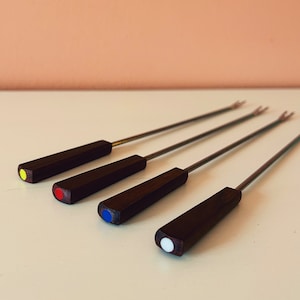 MCM wooden fondue forks w/ color-colored dots // MCM Danish modern set of 4 stainless steel vintage fondue forks // Made in Japan
