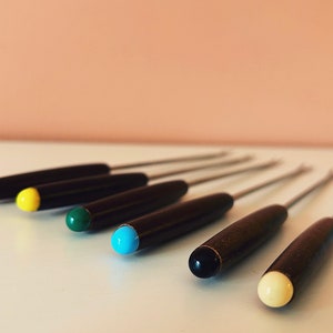MCM wooden fondue forks w/ color-colored dots // MCM Danish modern set of 6 stainless steel vintage fondue forks // Made in Japan