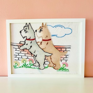 Vintage embroidered scottie dogs wall hanging // handmade framed dog crewel embroidery cross stitch art