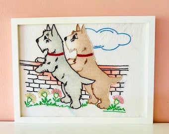 Vintage embroidered scottie dogs wall hanging // handmade framed dog crewel embroidery cross stitch art