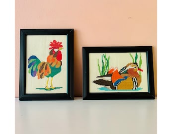 Vintage chicken and duck needlepoint embroidery wall hangings // handmade birds framed embroidered crewel cross stitch art