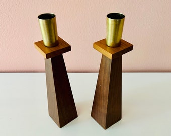 Mid-century modern brass and walnut wood candlesticks // Vintage Danish modern MCM Kustom Kraft candle sticks