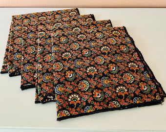 Vintage navy boho floral cloth napkins w/ mid-century blue, red, orange, green, white print // 1960s cotton napkin set