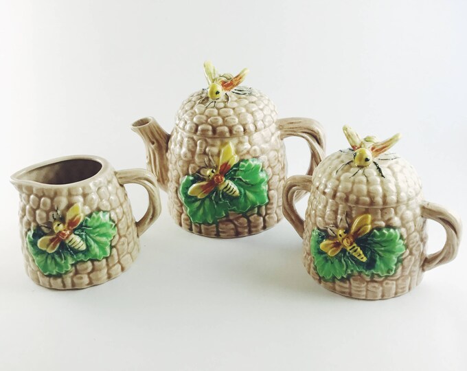 Mid Century Beehive Tea Set Bee Teapot Creamer and Sugar Etsy