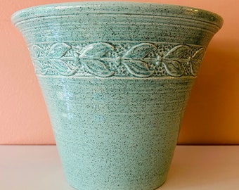 Mid-century blue speckled Red Wing planter // aqua ceramic round plant pot with leaves border // garden planter pottery