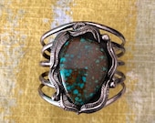 Vintage and early Danny Romero Turquoise and Silver Bracelet, Gem Grade Large Pilot Mountain Turquoise, ca. 1970 39 s. Native American Jewelry.