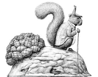Postcard Squirrel riding a Walnut