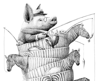 Postcard Pig riding Zebrabowls