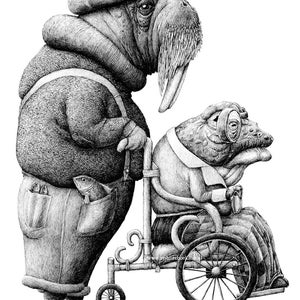 May include: Black and white illustration of two anthropomorphic walruses. One walrus, wearing a cap and suspenders, stands with a cane. The other, in a wheelchair, wears glasses and a shawl. A fish is in the standing walrus's pocket.