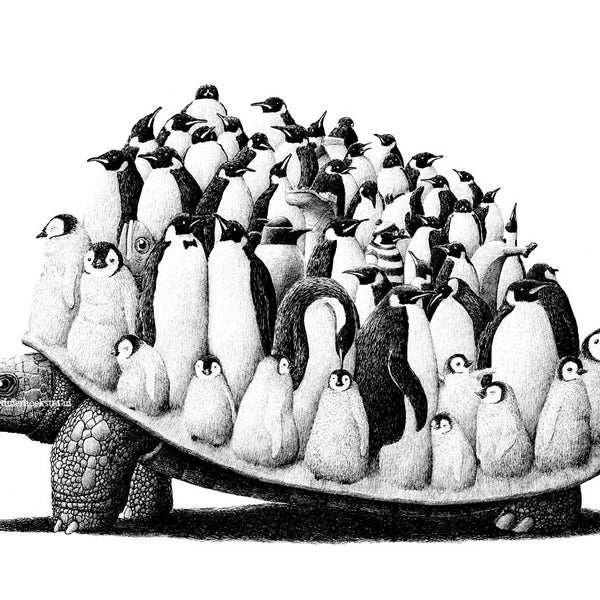 Postkarte Schildkröte mit Pinguinen
