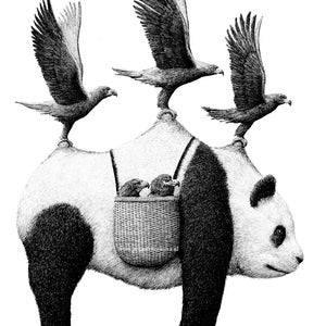 cartolina panda trasportato dalle aquile