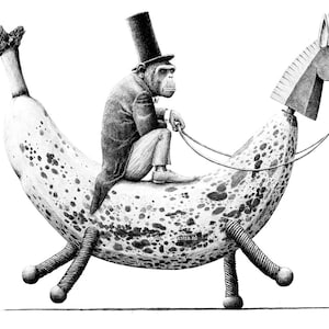 carte postale Chimpanzé chevauchant une banane