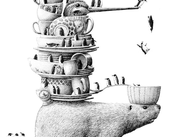 Ansichtkaart bever met duikende pinguïns