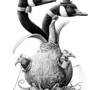 Könnte beinhalten: Eine Schwarzweiß-Federzeichnung von zwei Gänsen mit Zylindern, die aus einer großen Zwiebel mit Wurzeln wachsen. Zwei Mäuse kümmern sich um die Zwiebel, eine mit einer Gießkanne und die andere mit einem Mopp.