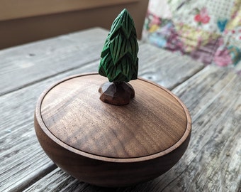 250 - Small Black Walnut Lidded Wood Bowl, 5 inch Turned Black Walnut Box, Hand Turned Wood Bowl with Lid, Hand Carved Basswood Pine Tree