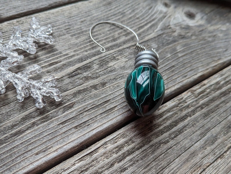 153 Green White Hand Turned Resin Ornament, Handcrafted Holiday Light Bulb,High Gloss,Solid Christmas Tree Bulb Ornament,Handmade Christmas image 3