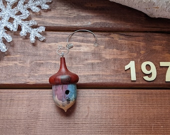 197–Acorn Wood Bird House Ornament. Hand Turned Padauk and Spalted Tamarind Wood with an Ebony Wood Perch. Light Weight Ornament