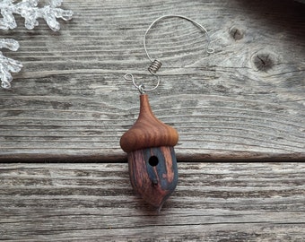 198–Acorn Wood Bird House Ornament. Hand Turned Walnut and Spalted Tamarind Wood with an Ebony Wood Perch. Light Weight Ornament