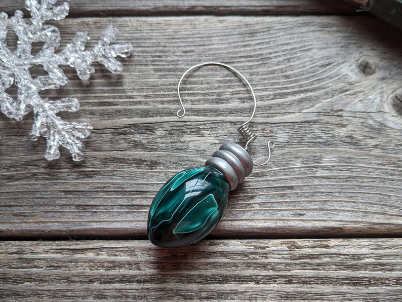 153 Green White Hand Turned Resin Ornament, Handcrafted Holiday Light Bulb,High Gloss,Solid Christmas Tree Bulb Ornament,Handmade Christmas image 4