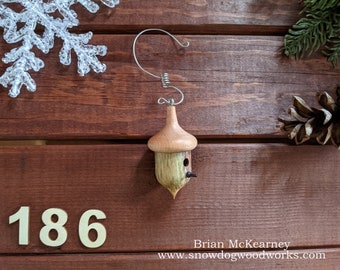 186–Acorn Wood Bird House Ornament. Hand Turned Maple and Spalted Tamarind Wood with an Ebony Wood Perch. Light Weight Ornament