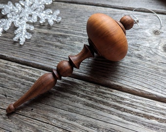 Walnut and Cherry Wood Ornament with an Acorn Finial. Hand Turned and Light Weight, Semi Gloss Finish, Great for Hanging Year Round, #193