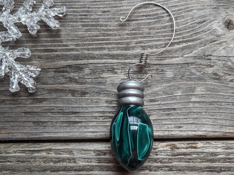 153 Green White Hand Turned Resin Ornament, Handcrafted Holiday Light Bulb,High Gloss,Solid Christmas Tree Bulb Ornament,Handmade Christmas image 9