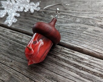 190-Hand Turned Poured Resin Acorn Shape Bird House Ornament; with Padauk Wood Top and Perch. Light Weight Ornament