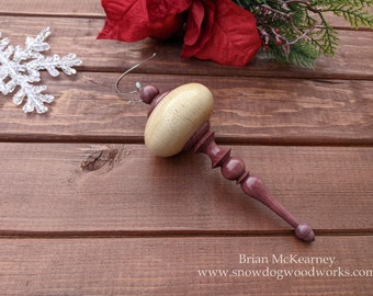 Maple and Purpleheart Wood Ornament with an Acorn Finial. Hand Turned and Light Weight, Semi Gloss Finish, Handcrafted Holiday Ornament