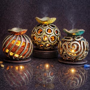 Raku Oil Burner “Sea Urchin” – Coastal Ceramic Tealight Diffuser, Aromatherapy Handmade Lantern – Set of 3 or Single Purchase