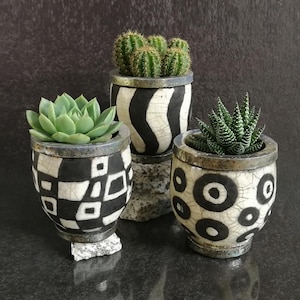 Geometric Raku Ceramic Planters – Black & White Modern Design – Handmade Pots for Succulents – Single or Set of 3 - Custom Color