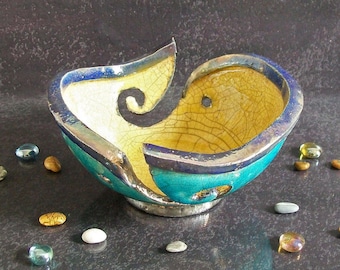 raku ceramic yarn bowl with swirled holes, customizable colors, gift for knitters, knitting bowl, yarn holder, yarn lovers gift