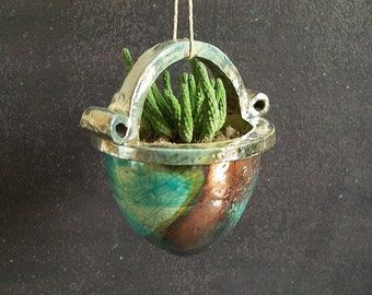 ceramic hanging pot, raku planter, hanging vase, turquoise and copper pot for succulent and climbing, beach home decor, indoor decor