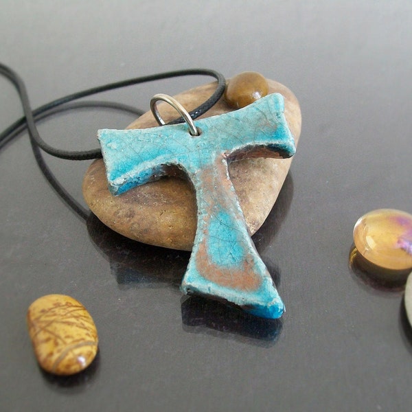 raku pottery turquoise Tau Cross Pendant, ceramic tau necklace, religious cross, st francis tau cross, franciscan cross, communion gift