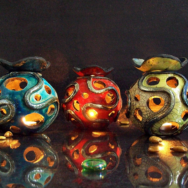 Raku ceramic essential oil burner, tealight candleholder oilwarmer aromatherapy diffuser, various colors available