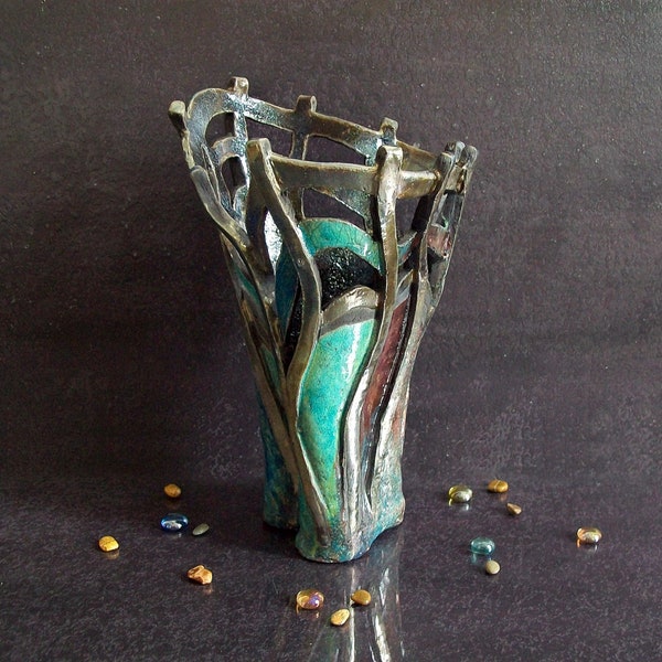 Wazon ceramiczny raku, wazon Flower, turkusowy wazon, wazon dekoracyjny, Marine Wazy, centralny wazon, wazon raku, Artystyczny wazon, wyposażenie wazon