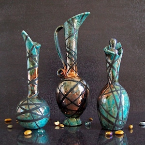 raku vase set of 3, set of vases, turquoise vase set, collectible vase centerpieces, tiny vases, crackle glaze vase, ampoule, bottle, jug image 1