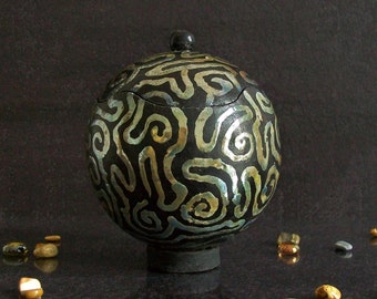 raku Ceramic jar black with golden pattern, brain coral jewelry box, lidded jar for sugar, coffee or tea, spices jar with lid