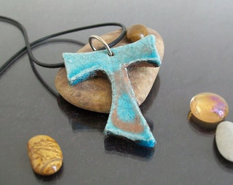raku pottery turquoise Tau Cross Pendant, ceramic tau necklace, religious cross, st francis tau cross, franciscan cross, communion gift