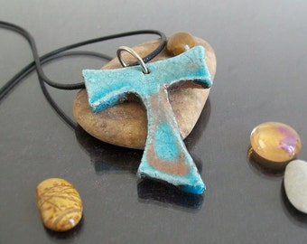 Raku Tau Cross Pendant – Handmade Turquoise Ceramic Necklace, St. Francis Cross, Religious Communion Gift - Various Colors Available