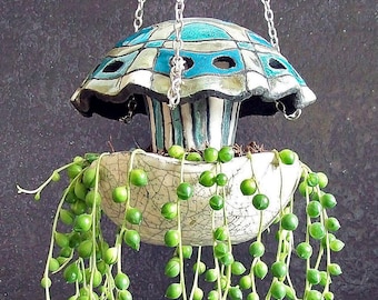 Ceramic Jellyfish Hanging Planter – Raku Pottery Coastal Hanging Pot, Handmade Ocean-Themed Decor, Multiple Colors & Sizes