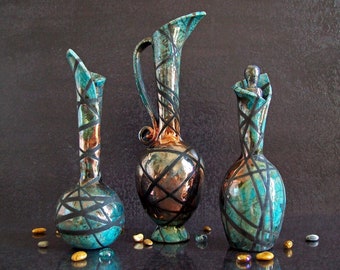 raku vase set of 3, set of vases, turquoise vase set, collectible vase centerpieces, tiny vases, crackle glaze vase, ampoule, bottle, jug